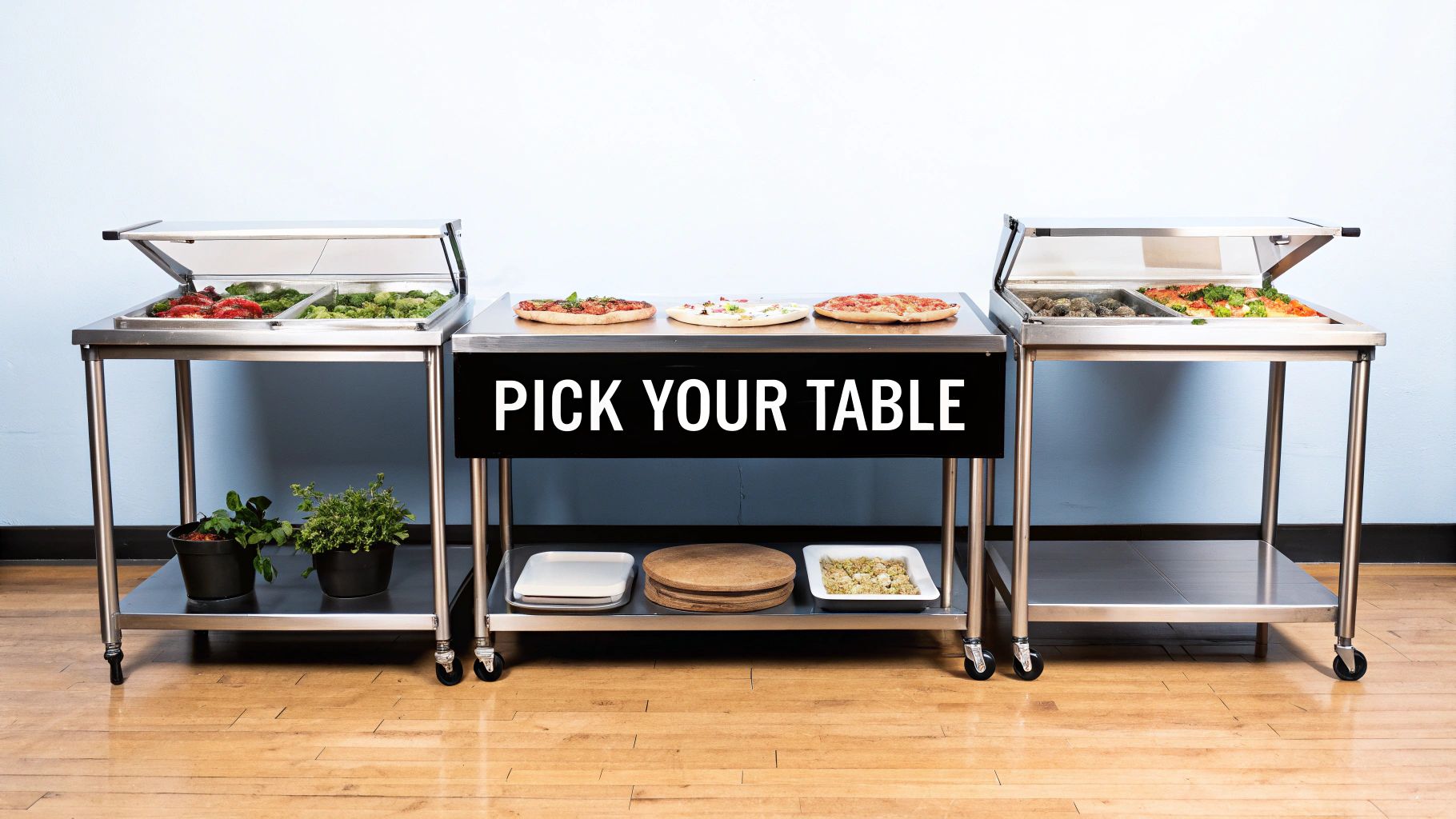 Three stainless steel prep tables displaying various foods like pizzas and salads, with a "PICK YOUR TABLE" sign.