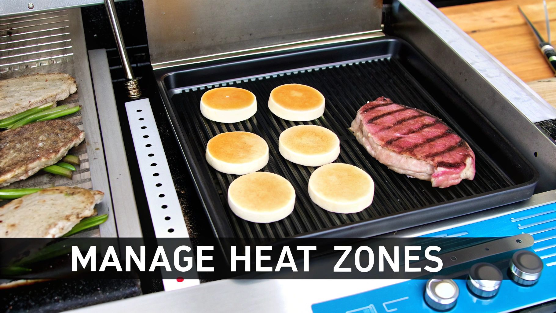 Commercial gas griddle cooking burger buns and steak with multiple heat zones for restaurant kitchen