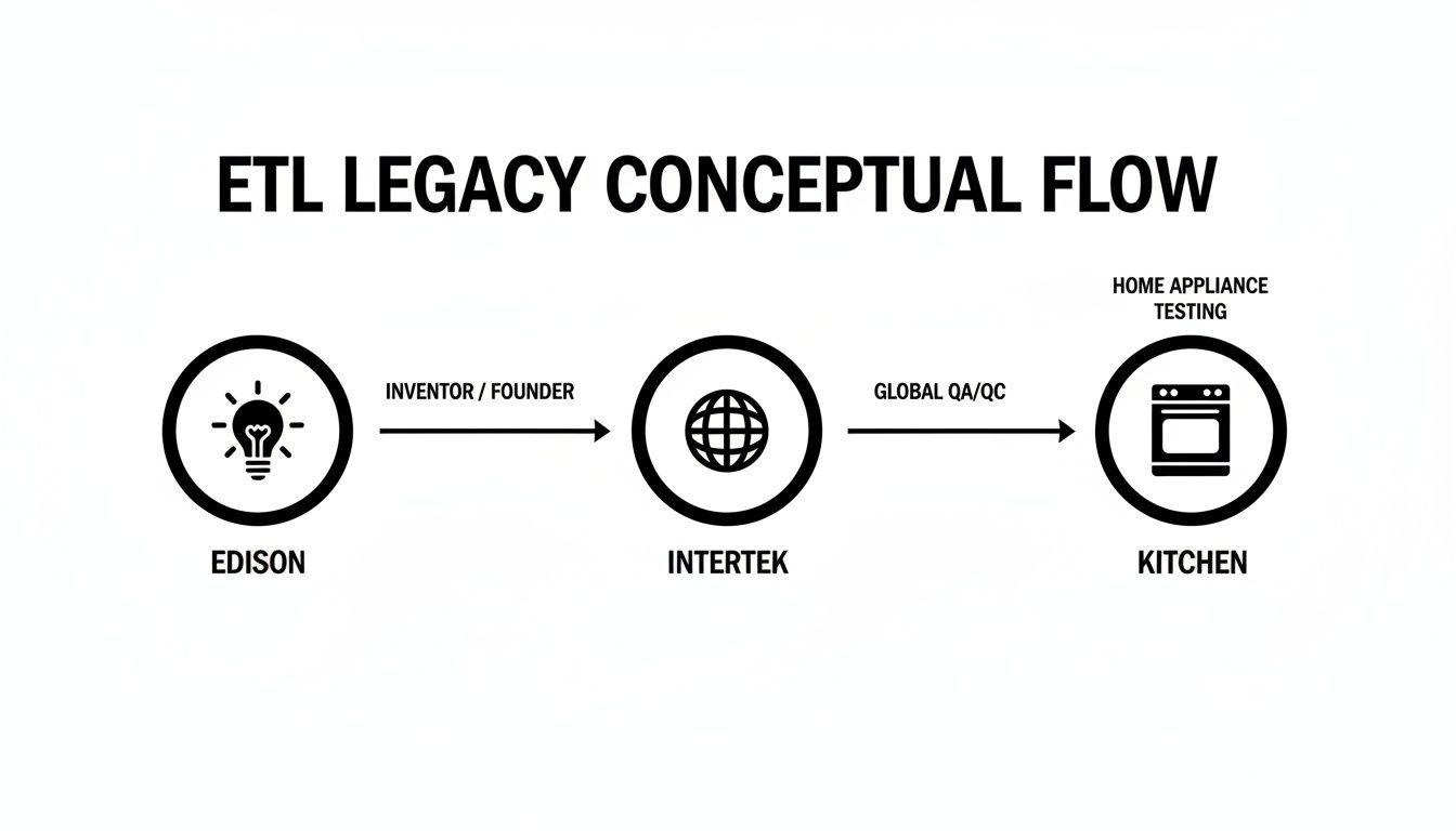 ETL legacy conceptual flow diagram illustrating inventor, global QA/QC, and home appliance testing stages.