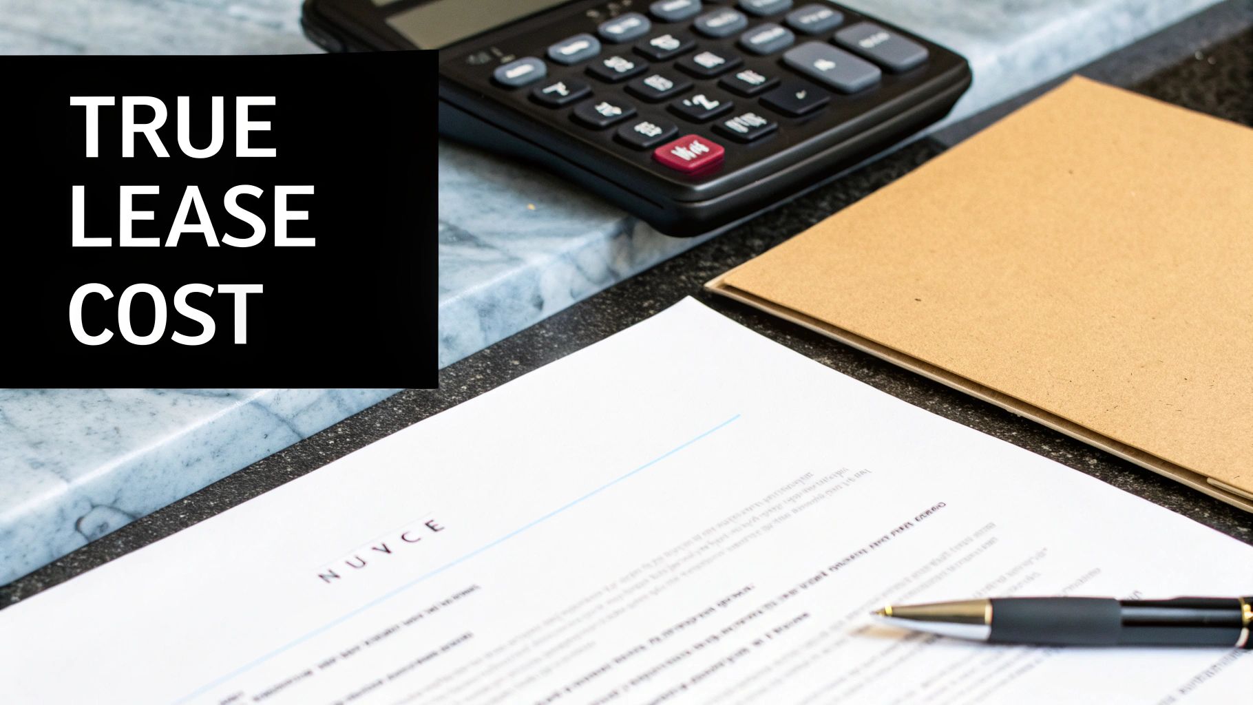A 'TRUE LEASE COST' sign prominently displayed on a desk with a calculator, pen, and financial documents.