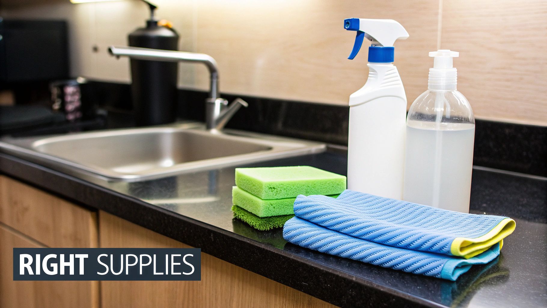 A collection of cleaning supplies including microfiber cloths and spray bottles on a countertop.