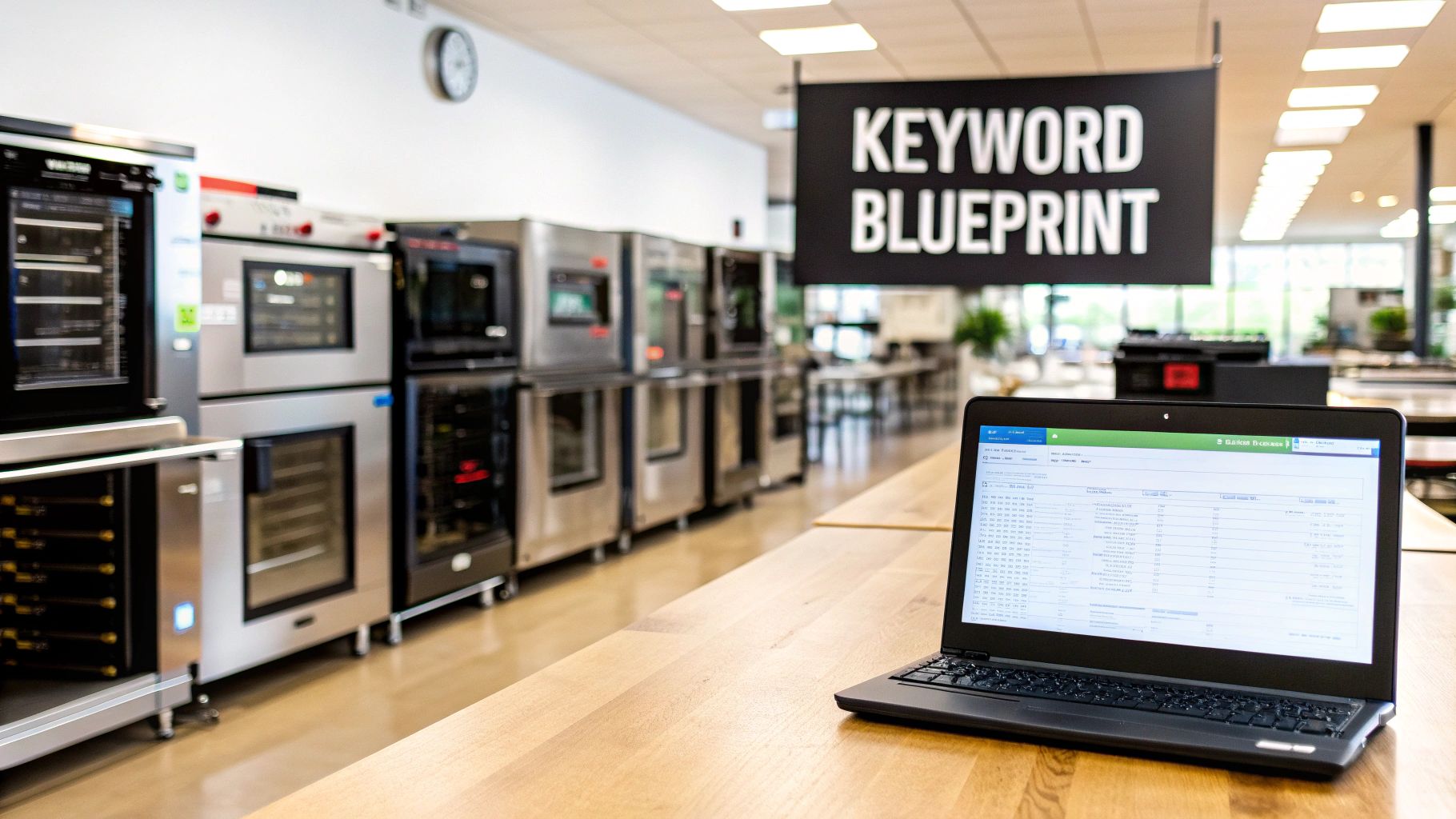 A laptop displaying data on a wooden table, with kitchen appliances and a "KEYWORD BLUEPRINT" sign.