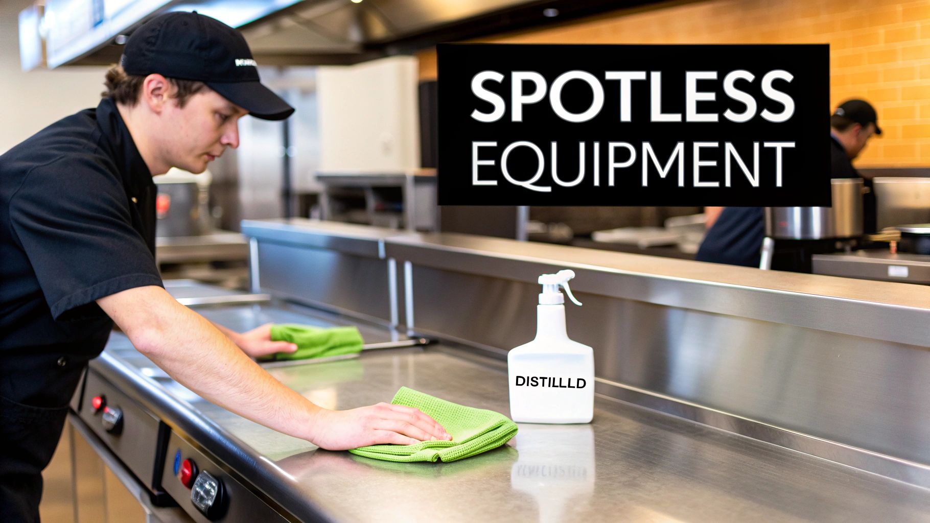 A staff member in a black uniform meticulously cleans a stainless steel kitchen counter with green cloths and a spray bottle, ensuring spotless equipment.