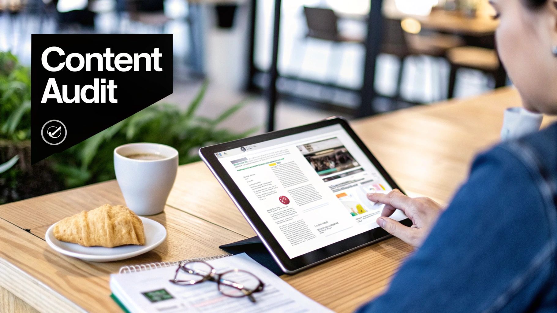 A person reviews a content audit report on a tablet, with coffee, a croissant, and a notebook.