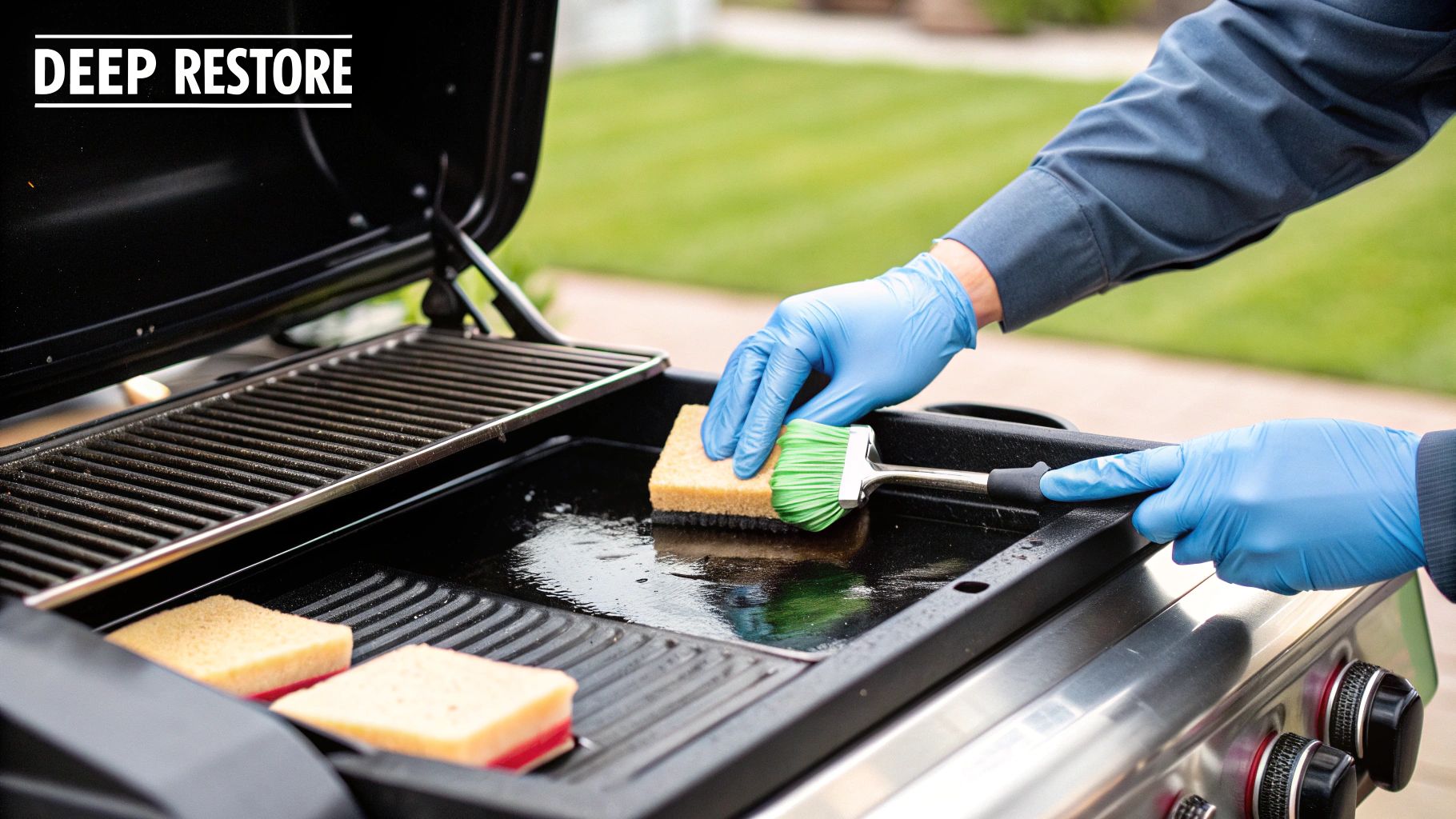 Person in blue gloves deep cleaning a stainless steel barbecue grill with a brush and sponge.