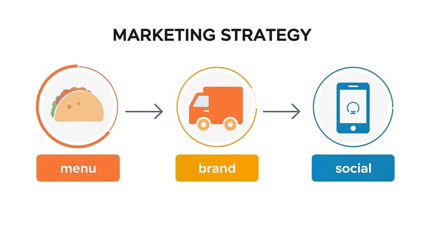Infographic showing the interconnected marketing strategy for a taco truck, including menu, brand, and social media.