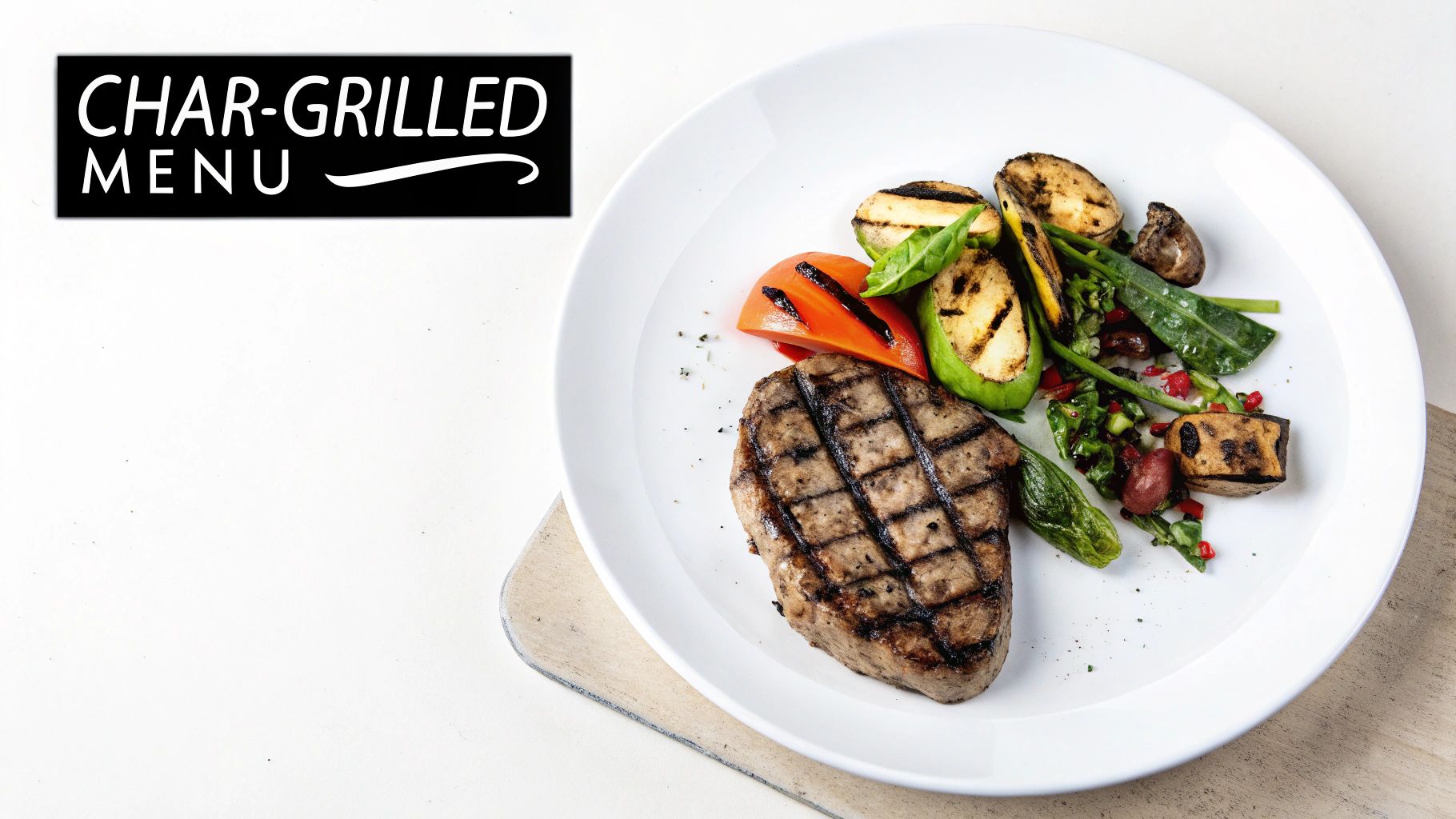 A char-grilled steak and various grilled vegetables on a white plate with a 'CHAR-GRILLED MENU' sign.