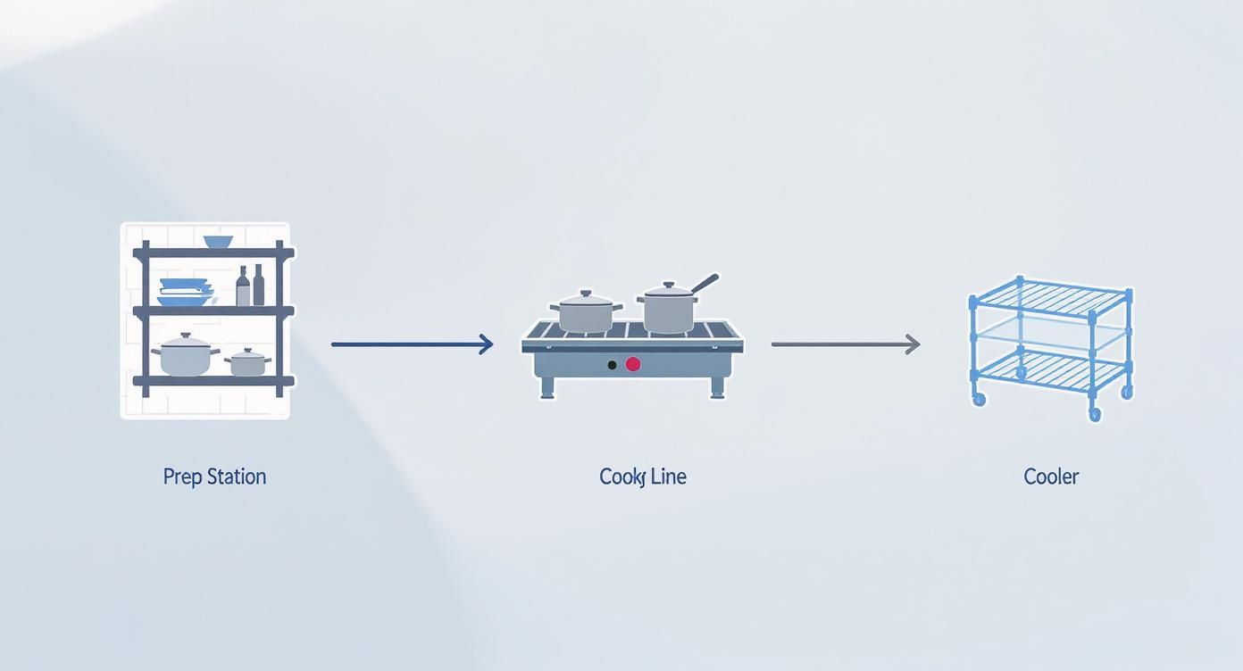 A diagram illustrating a commercial kitchen workflow: prep station, cook line, and cooler.