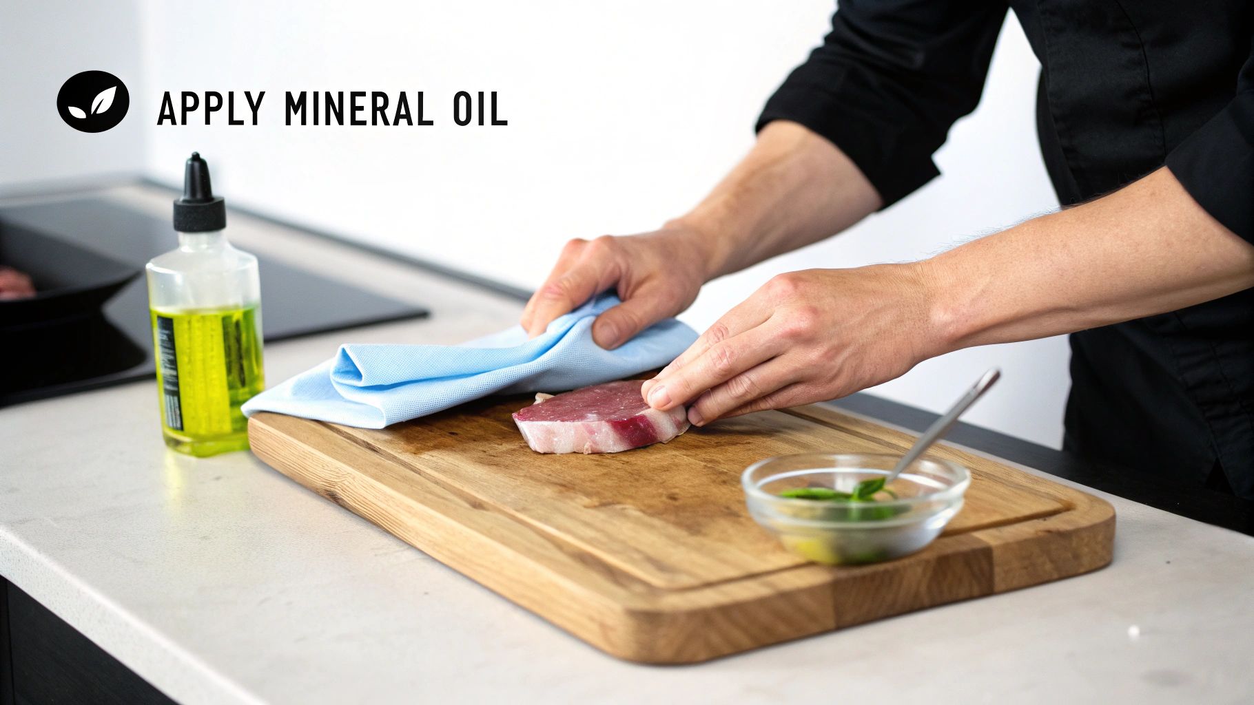 Hands applying mineral oil with a blue cloth to a butcher block cutting board.