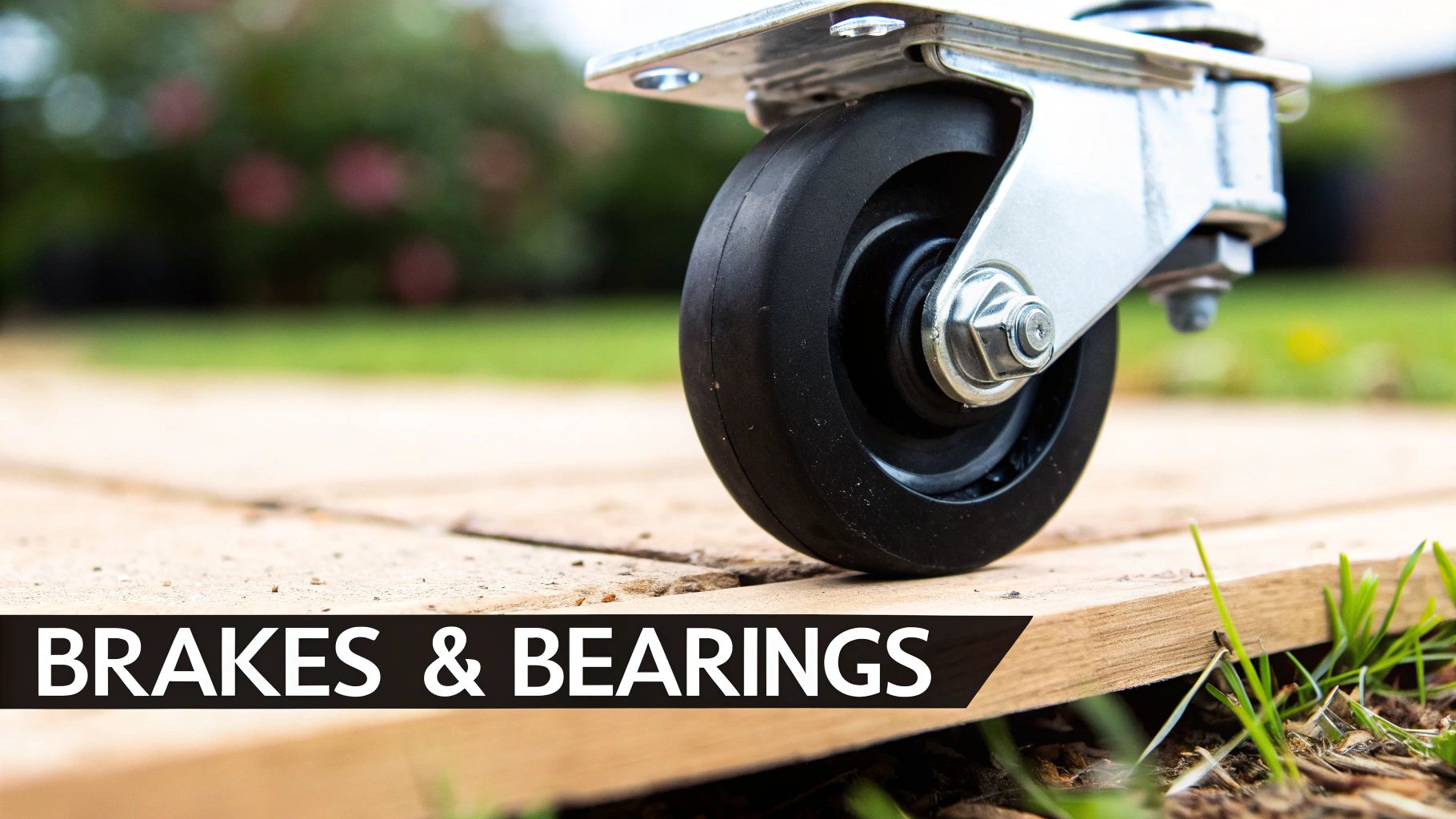 Close-up of a black caster wheel with a silver metal bracket on wooden planks, featuring 'BRAKES & BEARINGS' text.
