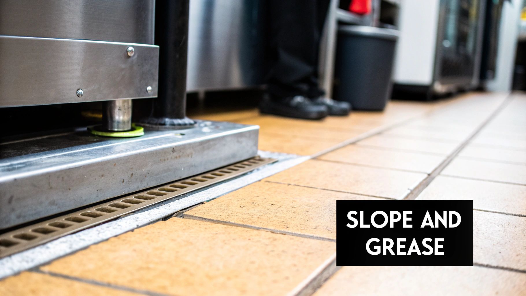 Close-up of a commercial kitchen floor with a grated trench drain and tiled flooring.