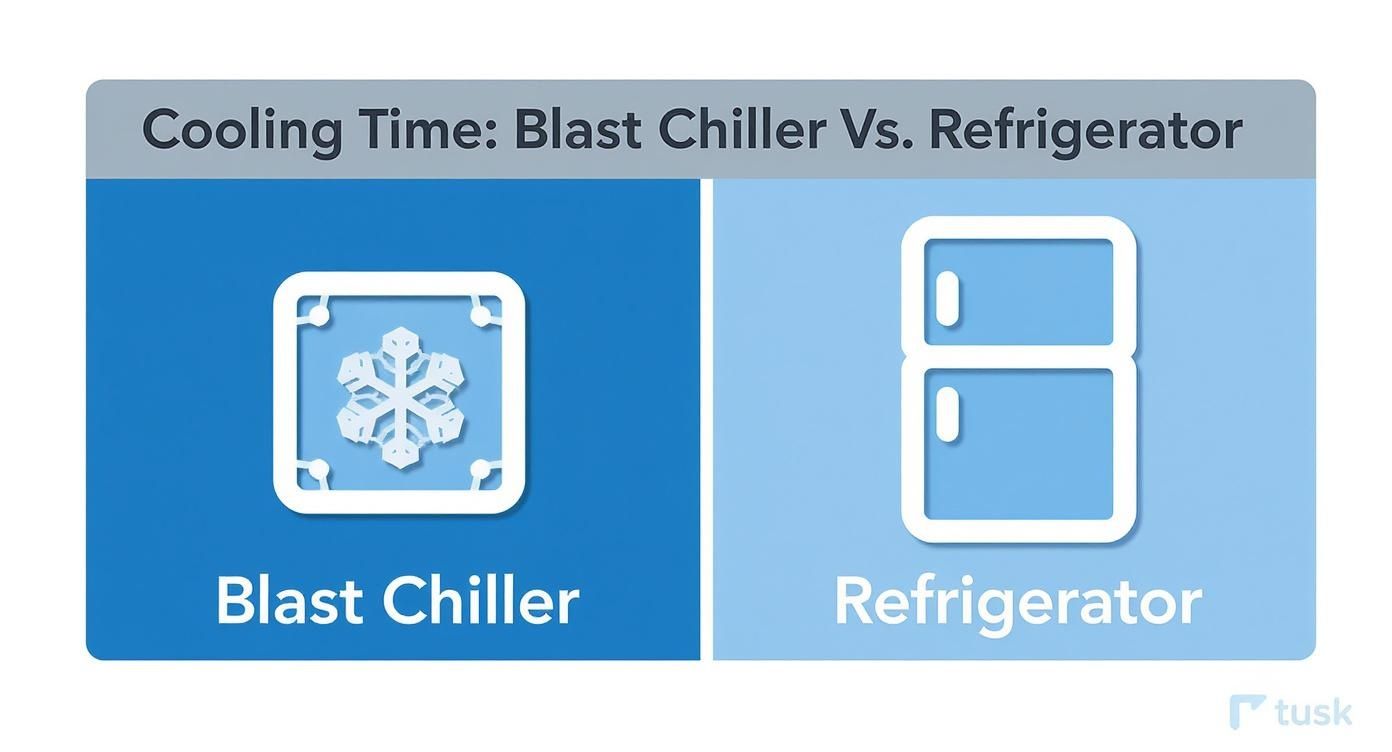 An infographic comparing the cooling time between a blast chiller, represented by a snowflake, and a refrigerator, represented by a fridge icon.