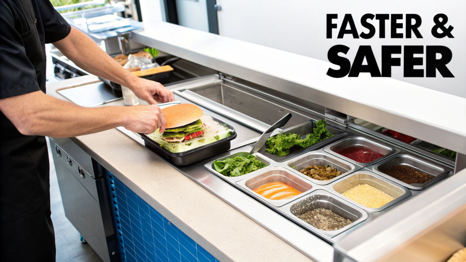 A chef assembles a sandwich on a refrigerated prep table with various fresh ingredients.
