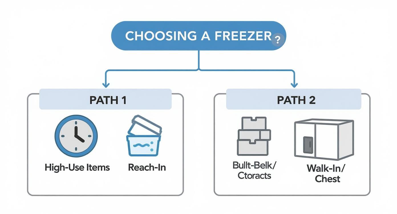Decision flowchart showing two paths for choosing between reach-in and walk-in chest freezers