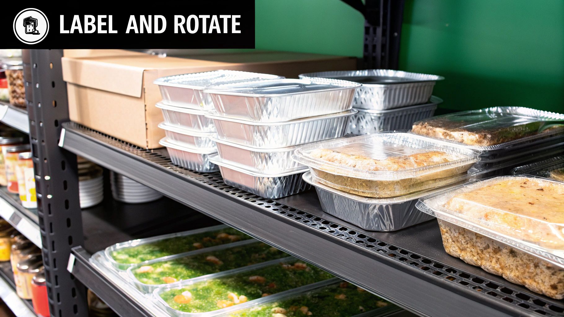 Shelves in a commercial kitchen or storage area filled with stacks of pre-packaged meals in foil containers and plastic lids, alongside cardboard boxes and jars of food.