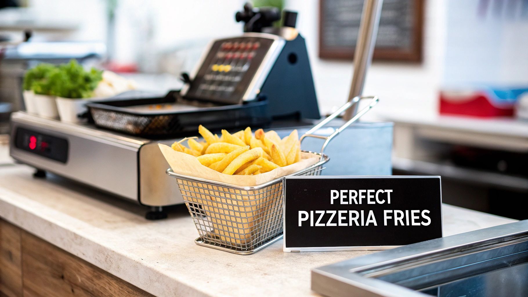 A metal basket of golden French fries next to a black sign that says "PERFECT PIZZERIA FRIES."