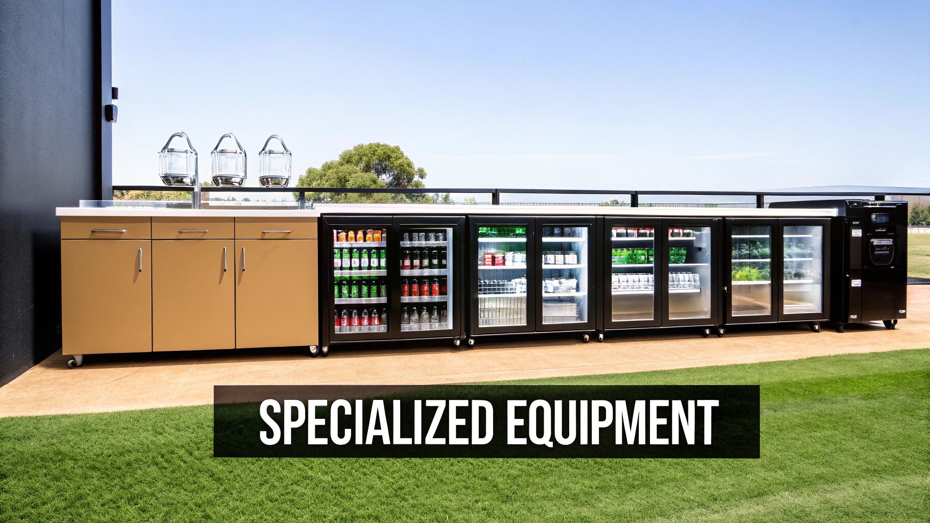 Outdoor kitchen setup with multiple glass-door commercial refrigerators and storage cabinets.