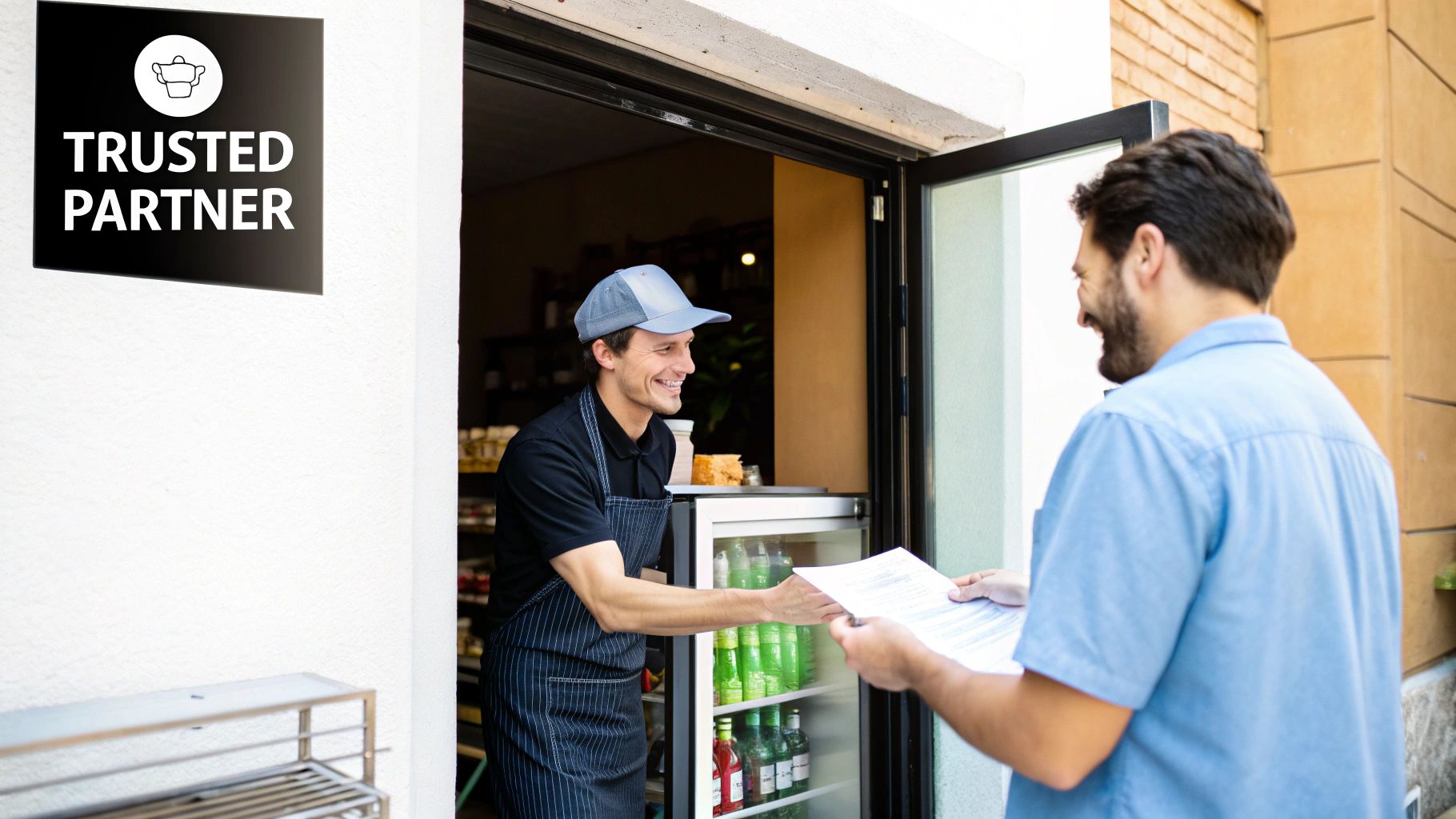 A smiling shop employee in an apron hands documents to a customer outside a store, featuring a 'Trusted Partner' sign and a fridge.