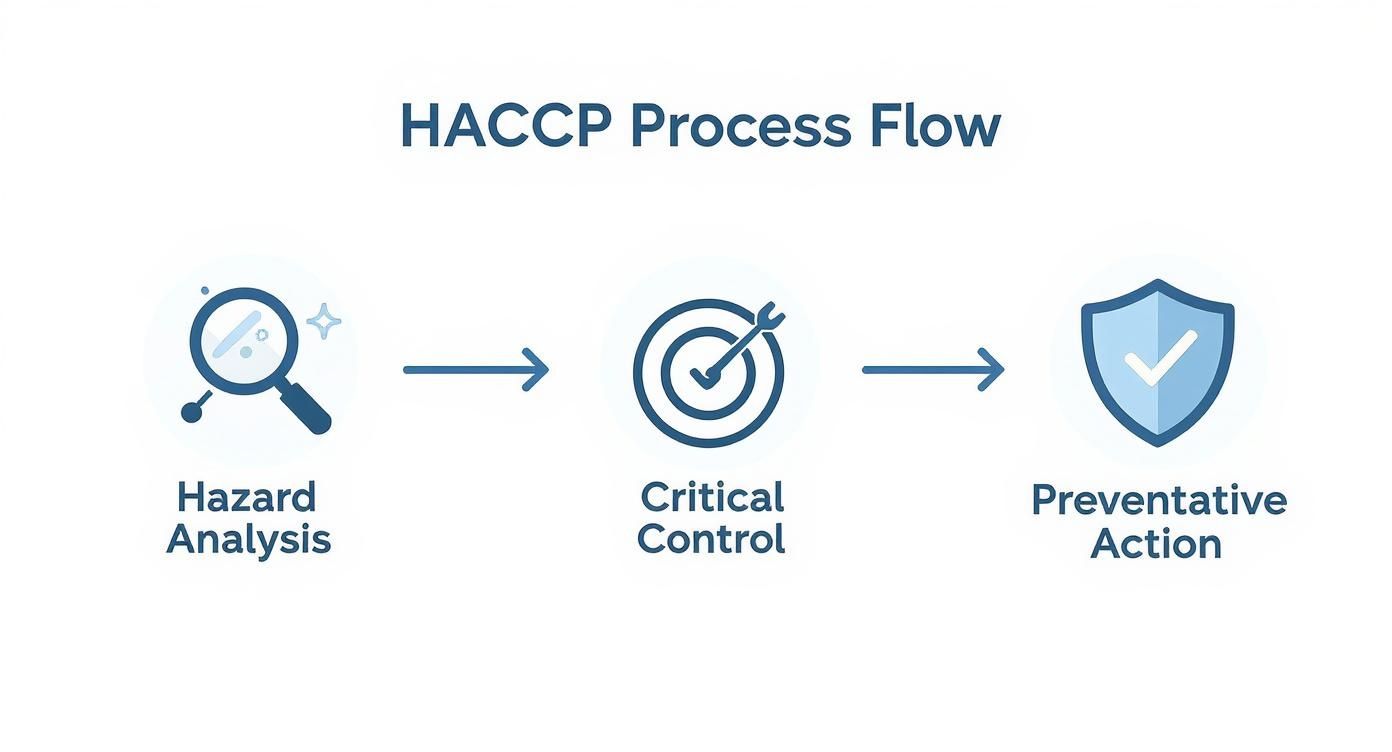 HACCP process flow diagram showing three stages: hazard analysis, critical control, and preventative action with icons