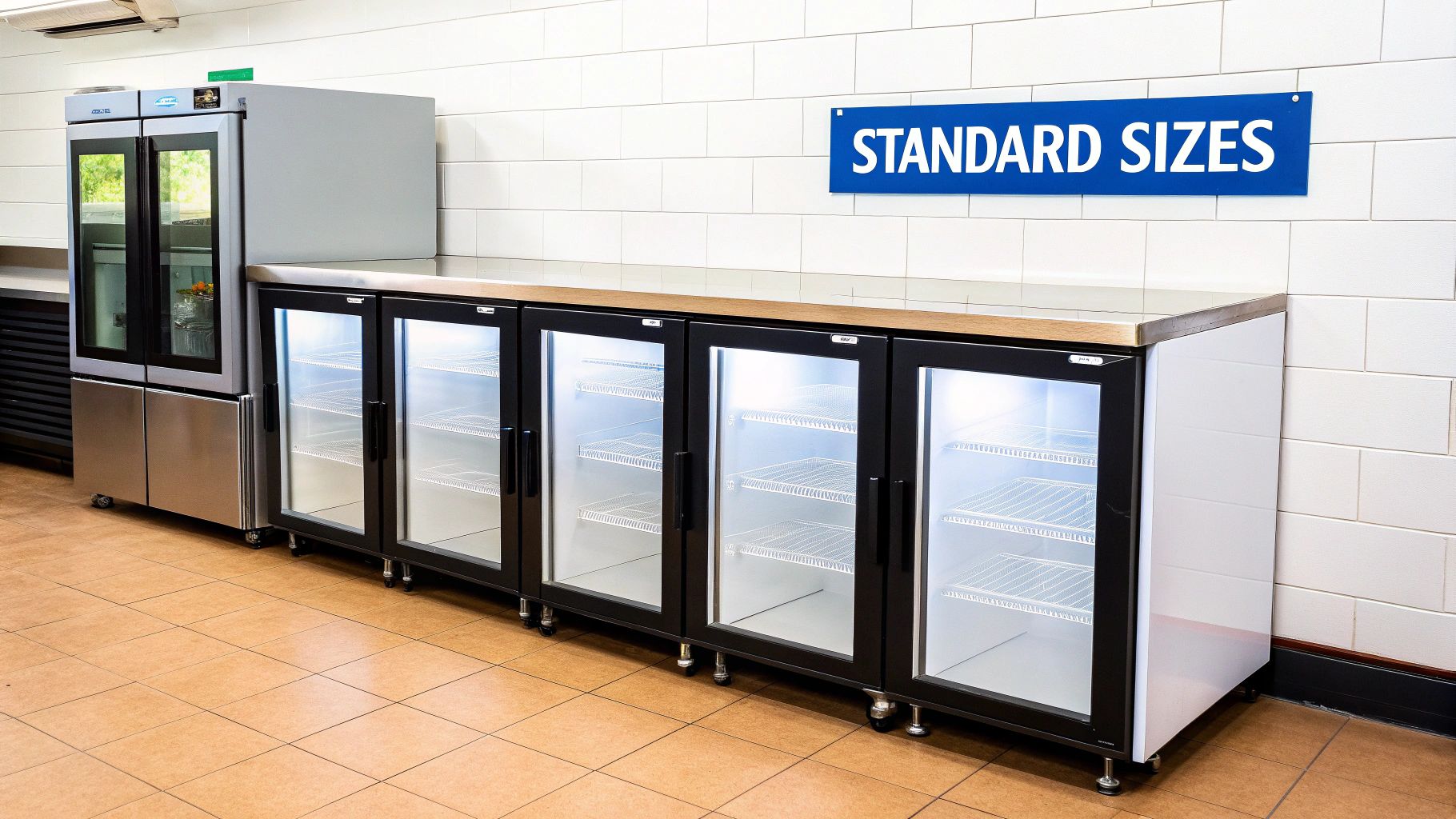 A row of undercounter glass-door fridges and a larger refrigerator in a commercial space, under a 'STANDARD SIZES' sign.