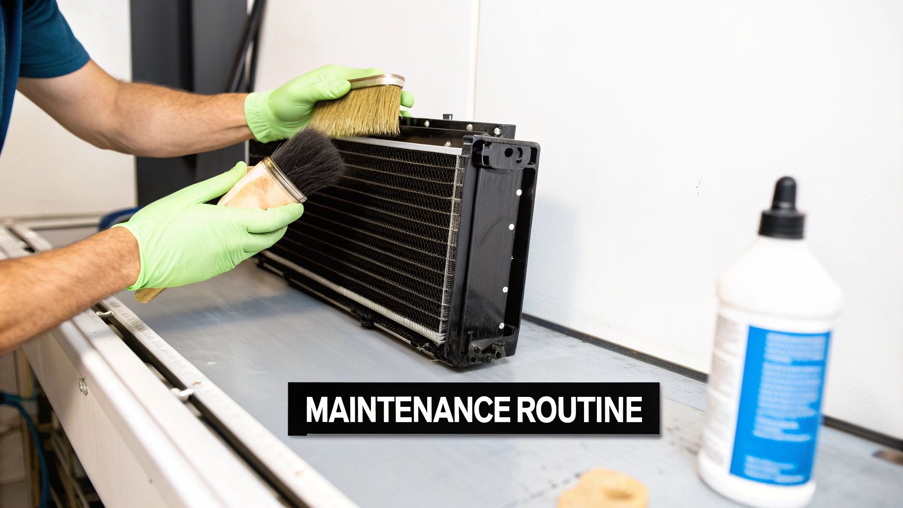 Gloved hands cleaning a black radiator unit with two brushes as part of a maintenance routine.