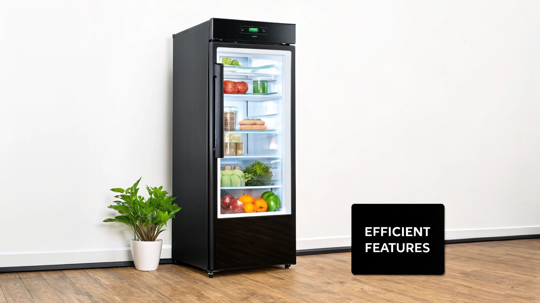 Modern black commercial refrigerator with glass door showcasing fresh produce and efficient features label