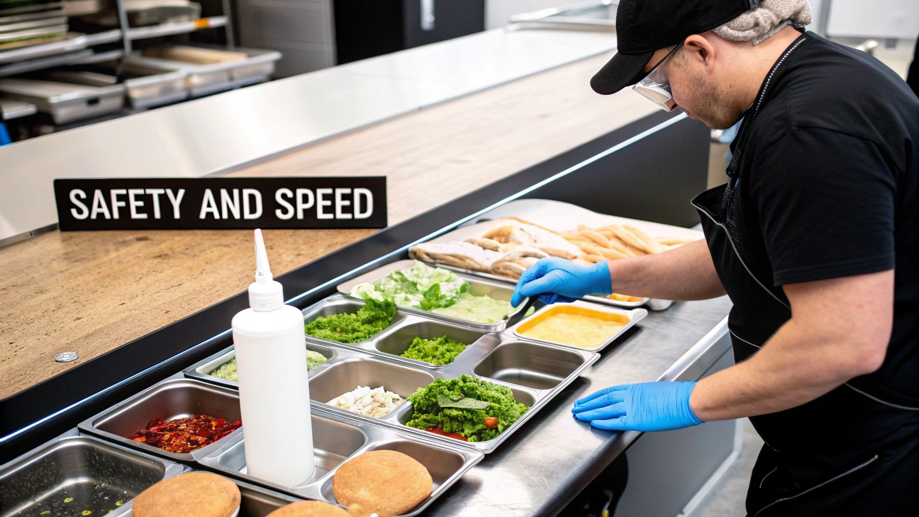 A food service worker in blue gloves prepares ingredients on a refrigerated counter, with a 'SAFETY AND SPEED' sign.