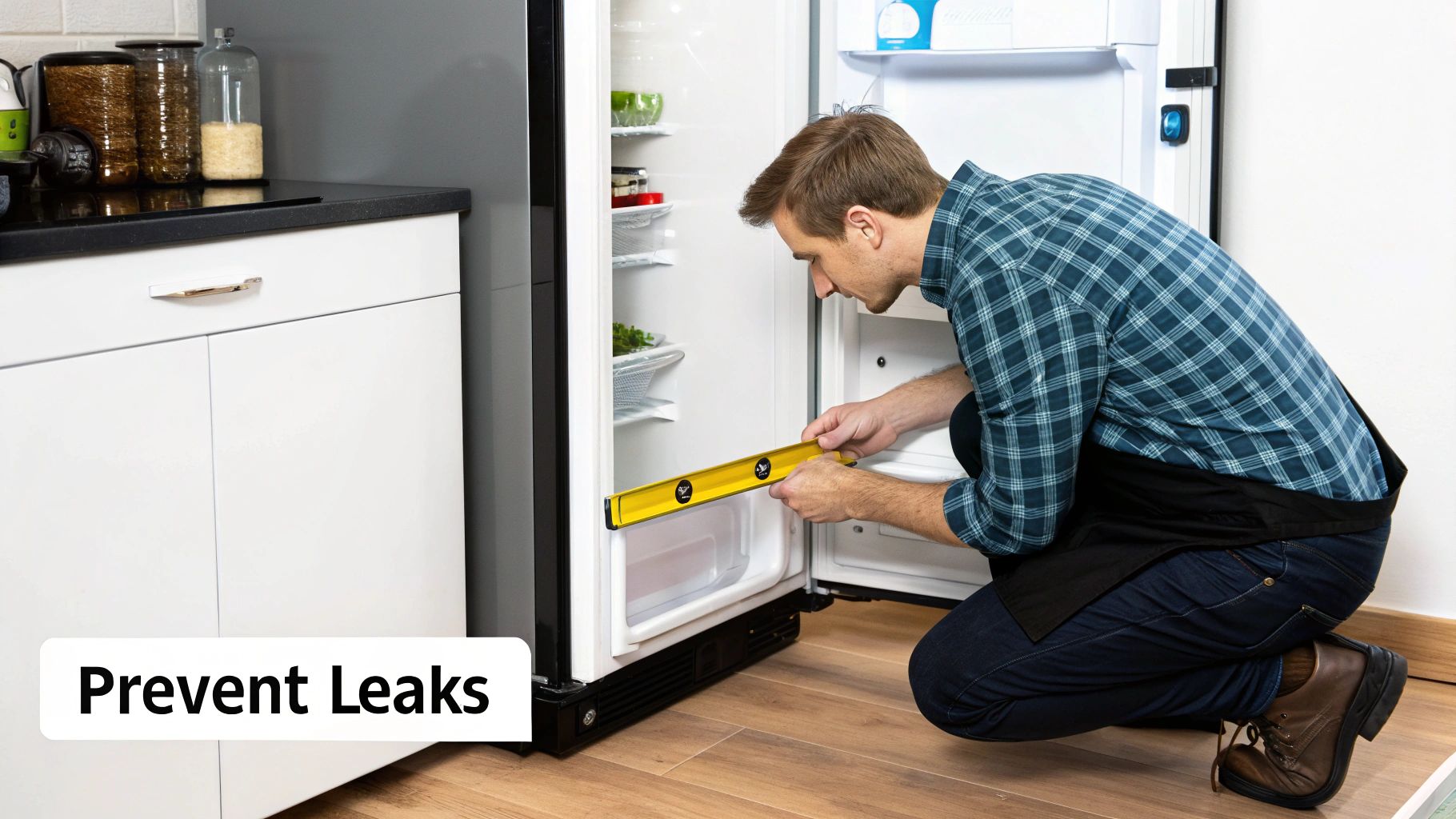A person inspecting the back of a refrigerator where the water line connects