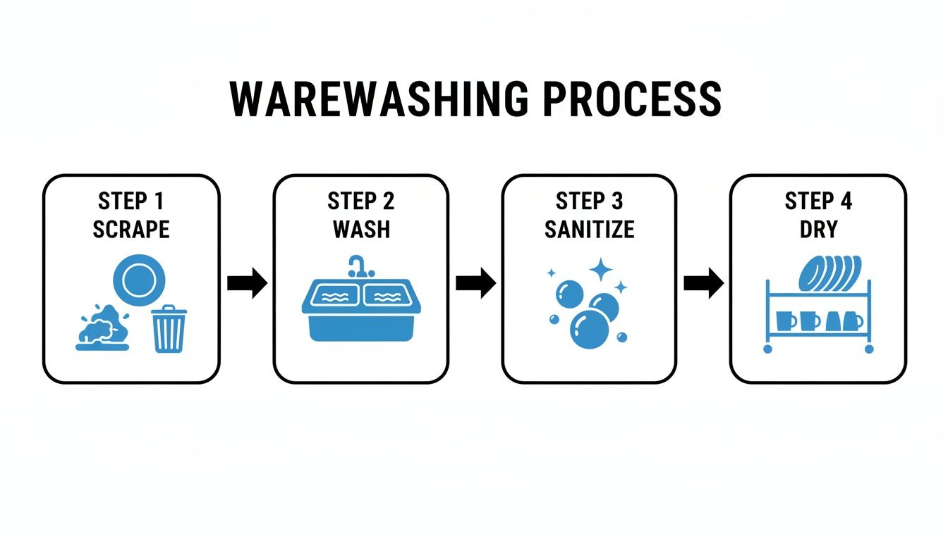 A diagram outlining the four steps of the warewashing process: scrape, wash, sanitize, and dry.