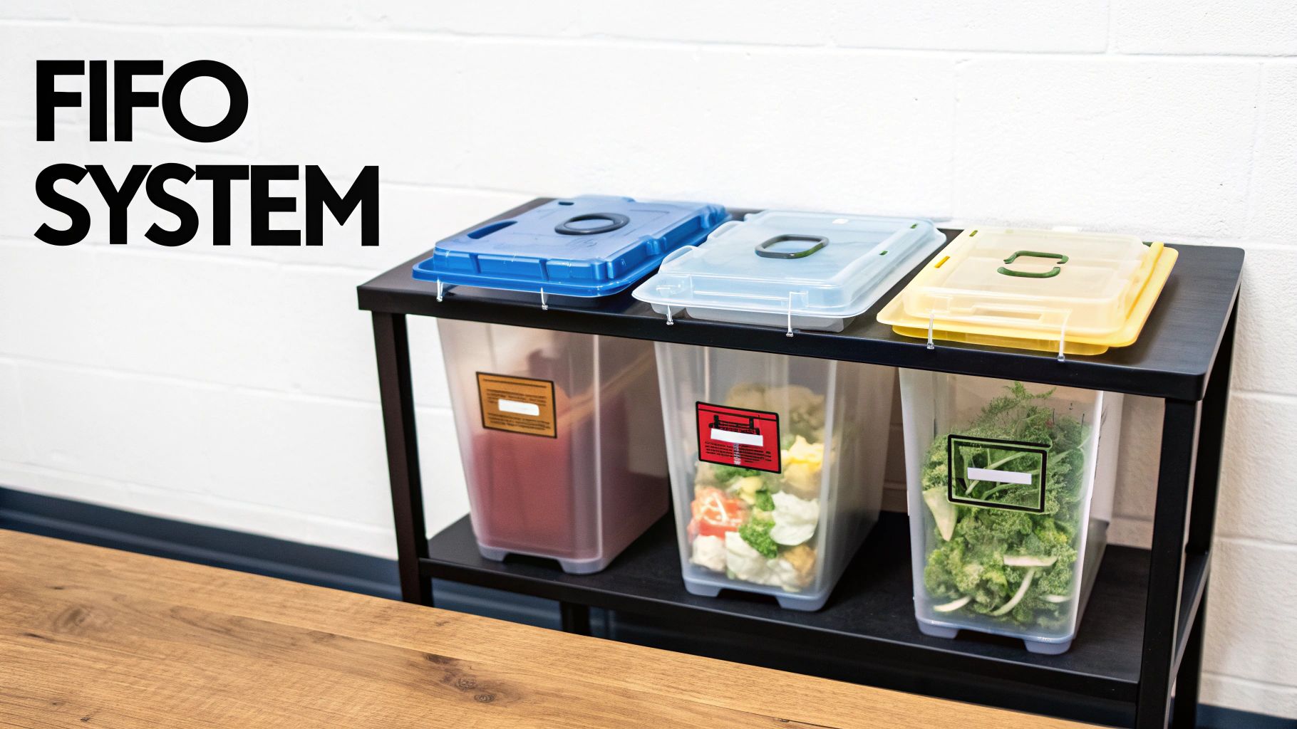 Three clear FIFO food storage bins with colorful lids on a black shelf against a white wall.