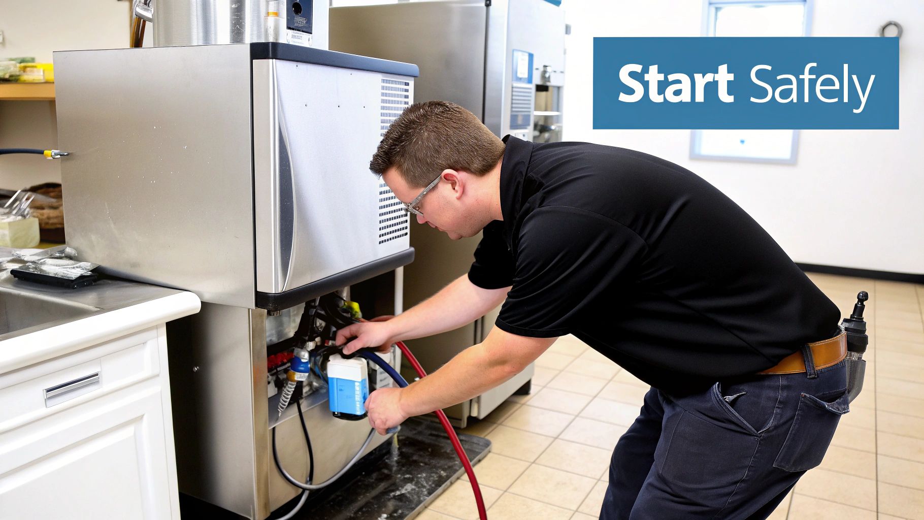 A technician wearing glasses servicing a stainless steel ice machine, connecting hoses for maintenance.