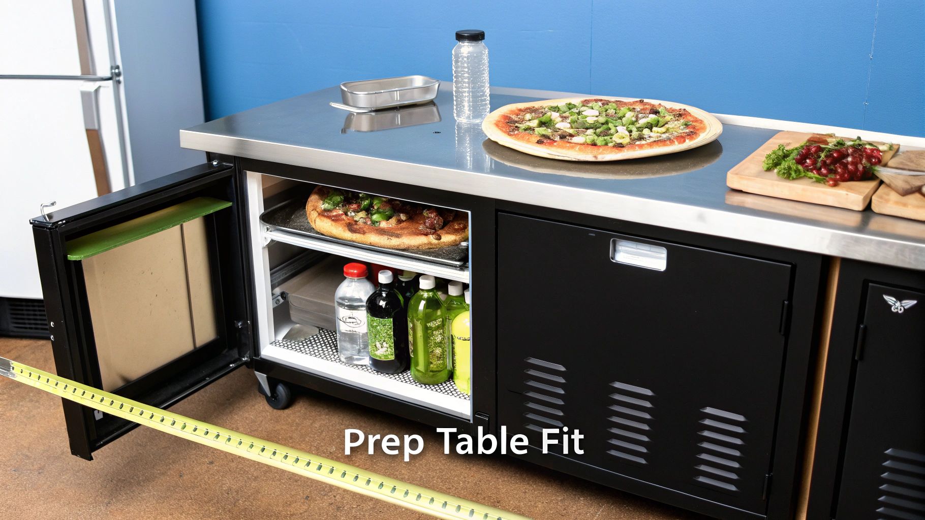 A black undercounter refrigerator with an open door, revealing a pizza and bottles, next to a stainless steel countertop with another pizza and fresh produce.