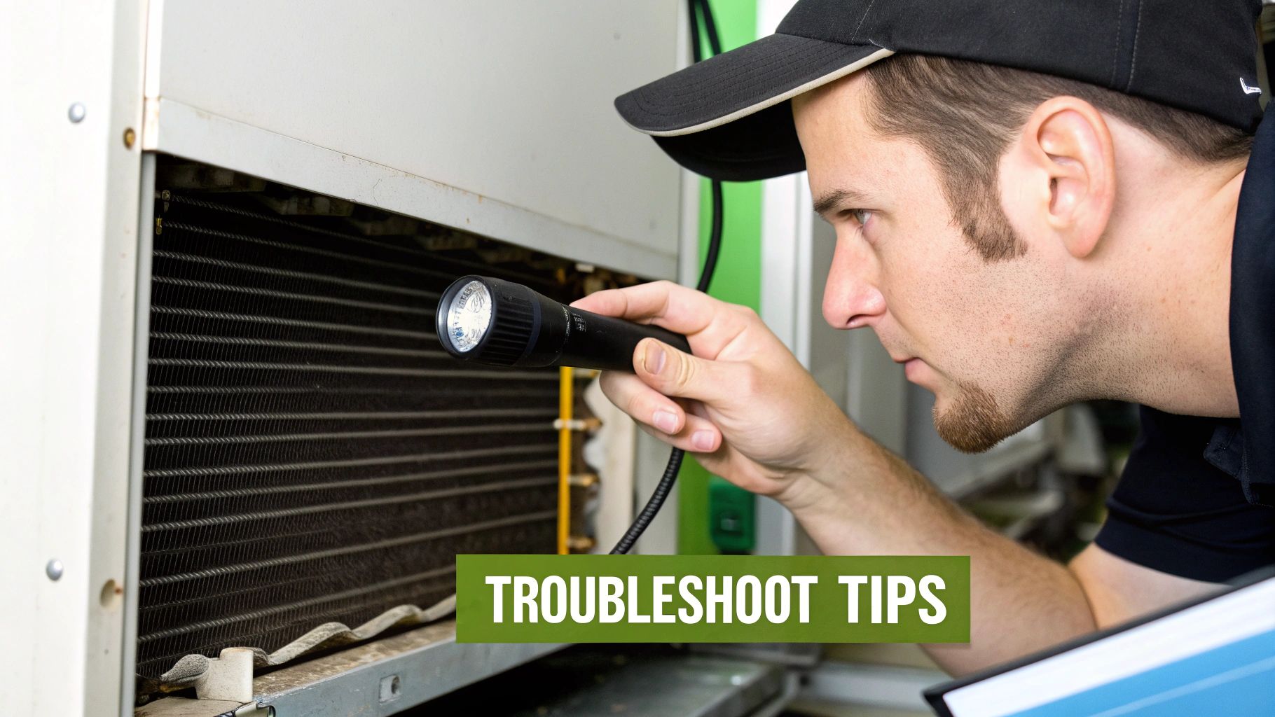 A technician examining the condenser unit of a walk-in cooler