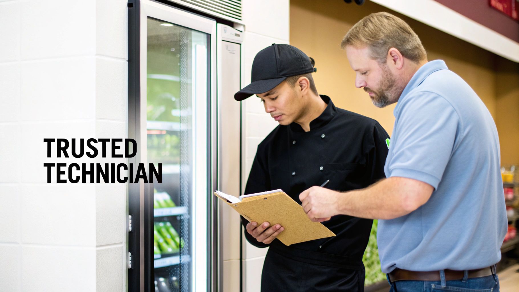 A trusted technician in a chef's uniform and another man inspecting a commercial refrigeration unit in a store.