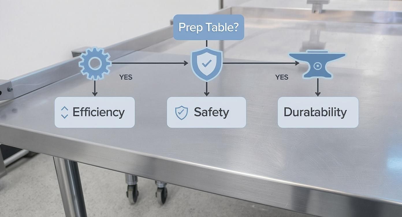 A diagram on a stainless steel prep table illustrating its efficiency, safety, and durability features.