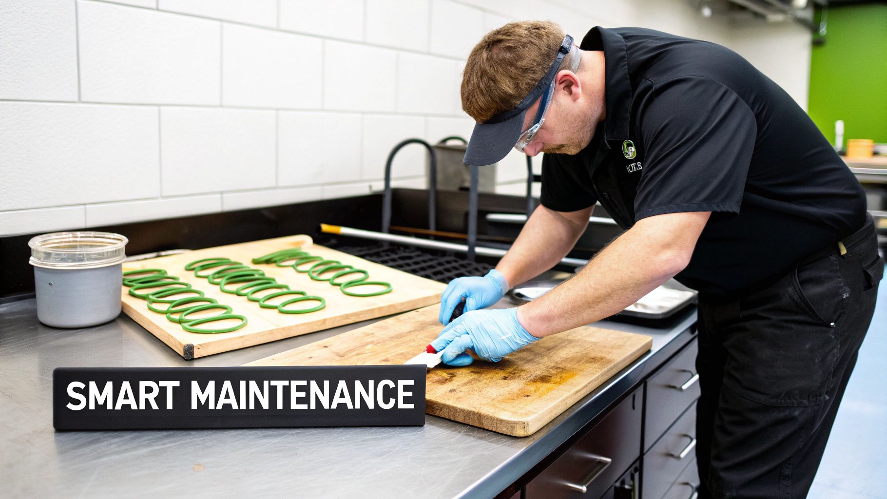 A commercial griddle surface being cleaned by a chef.