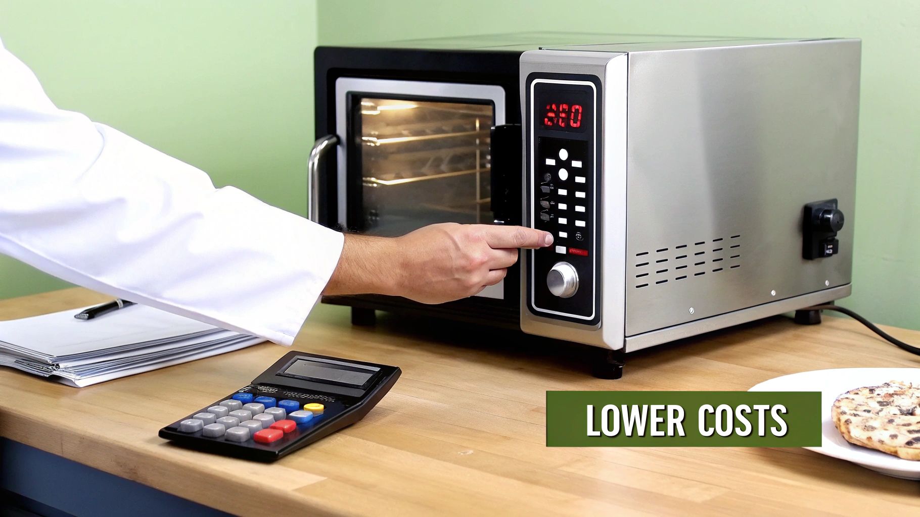 A person in a lab coat operates a commercial countertop convection oven with digital controls, hinting at lower costs.