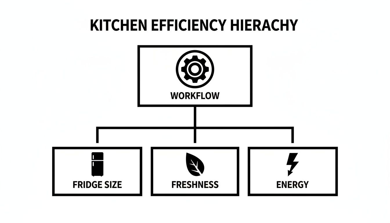 Diagram illustrating the kitchen efficiency hierarchy, showing workflow, fridge size, freshness, and energy.