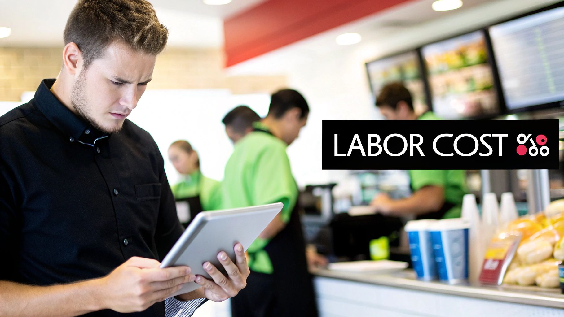 A focused restaurant manager reviewing labor costs on a tablet in a busy quick-service restaurant.