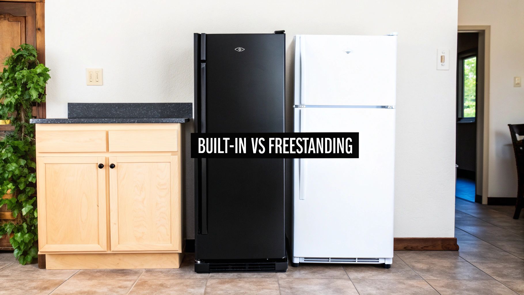 Two refrigerators, one black and one white, next to kitchen cabinets illustrating built-in vs. freestanding.