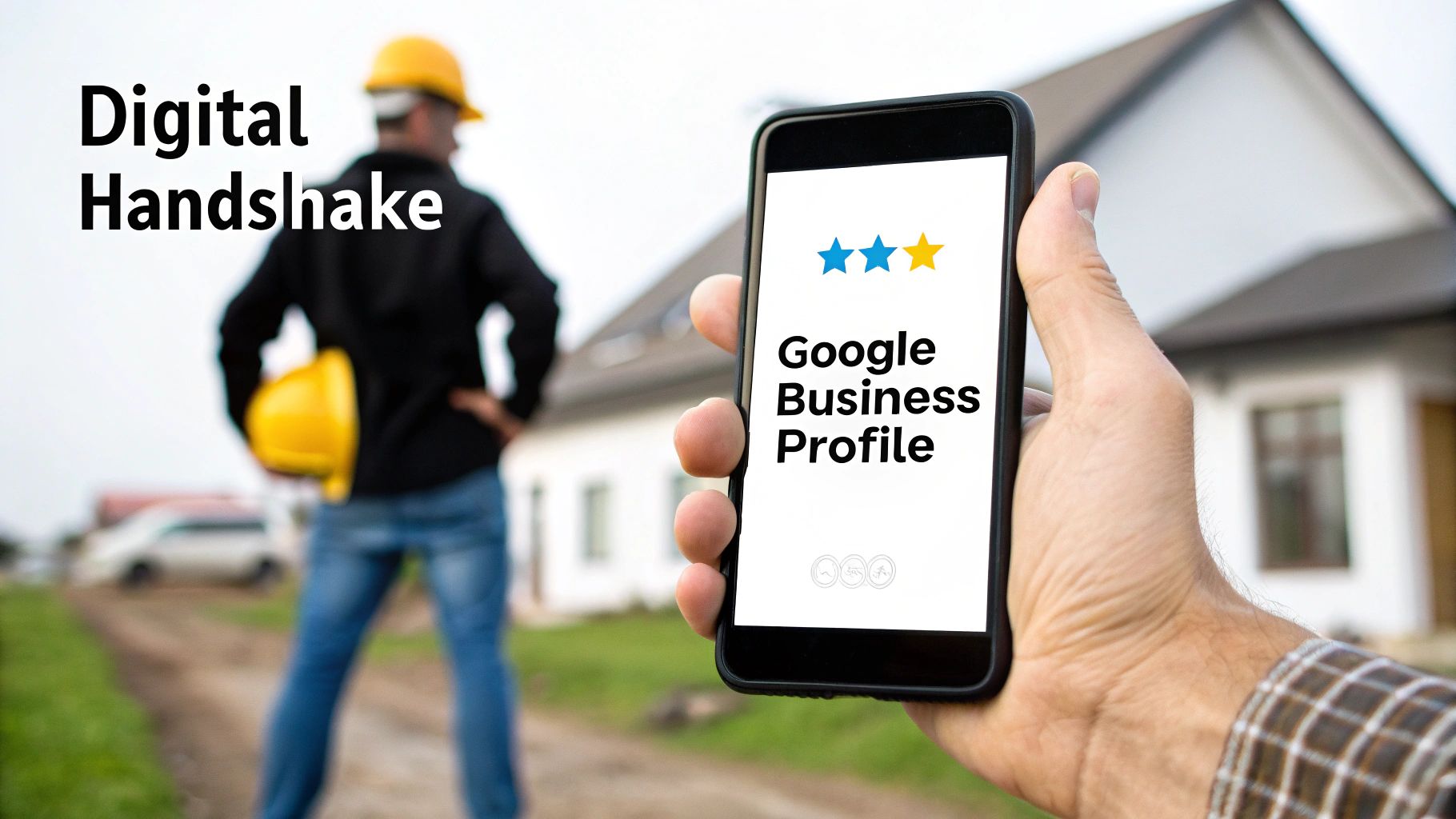 Contractor by a house, a hand holds a smartphone displaying Google Business Profile for a digital handshake.