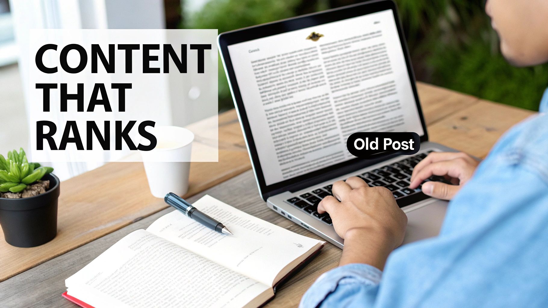 A person editing a blog post on a laptop, with a graph showing upward traffic trends in the background.