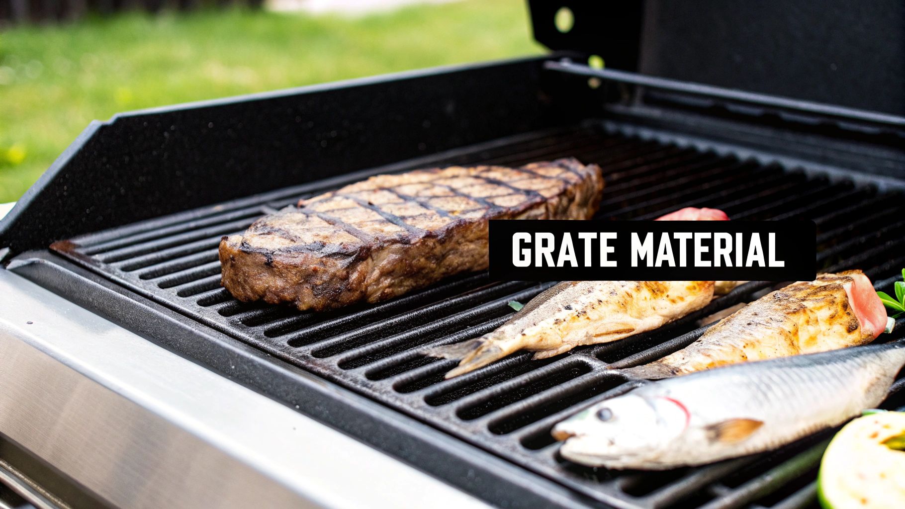 A grilled steak, whole fish, and vegetables cooking on black metal grates of an outdoor BBQ.