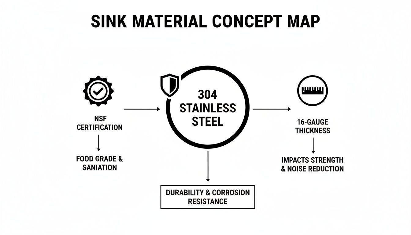A concept map showing 304 stainless steel sink material features: NSF certification, 16-gauge thickness, durability, and corrosion resistance.