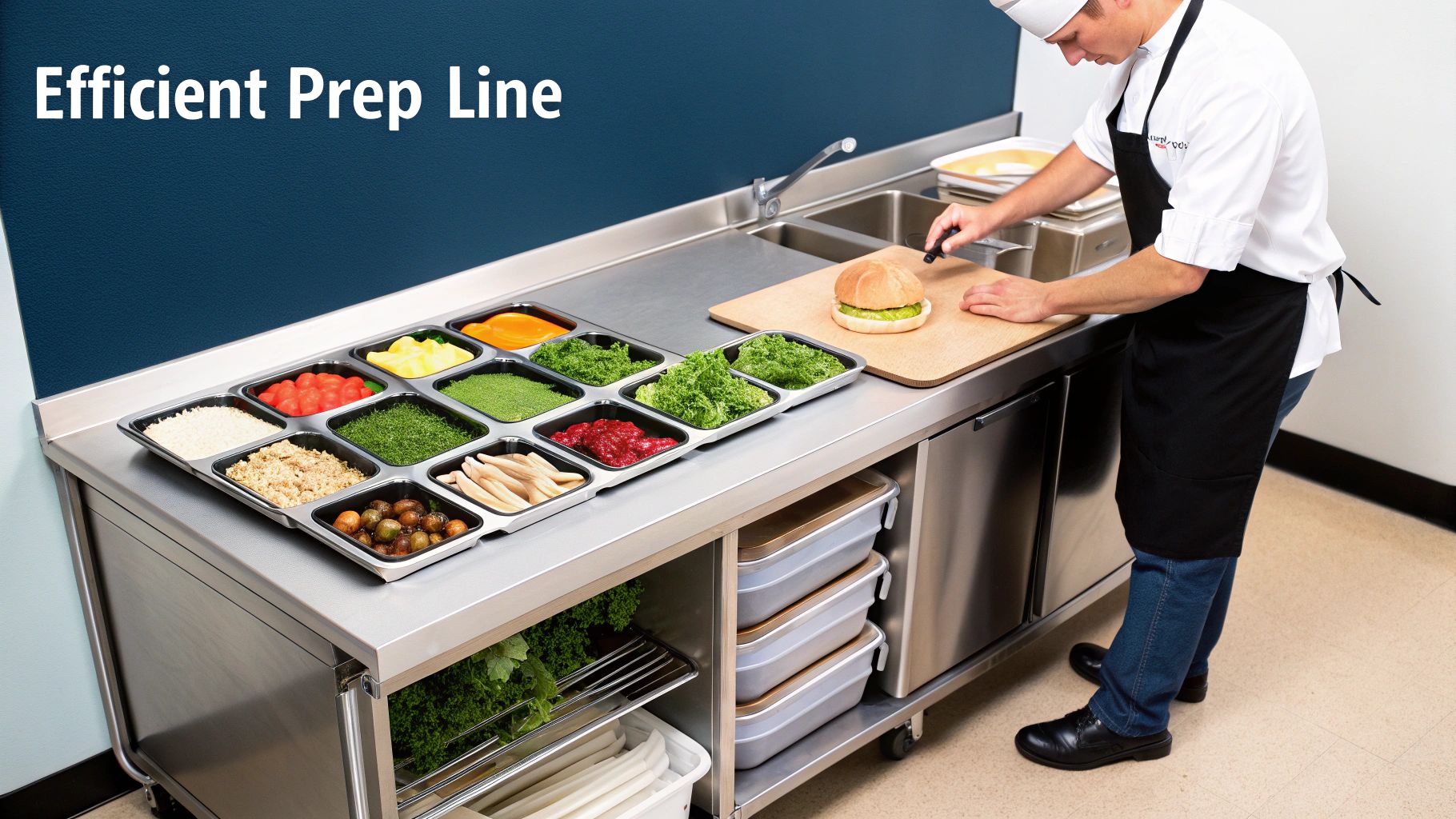A chef prepares a sandwich on a stainless steel commercial prep line with various ingredients.