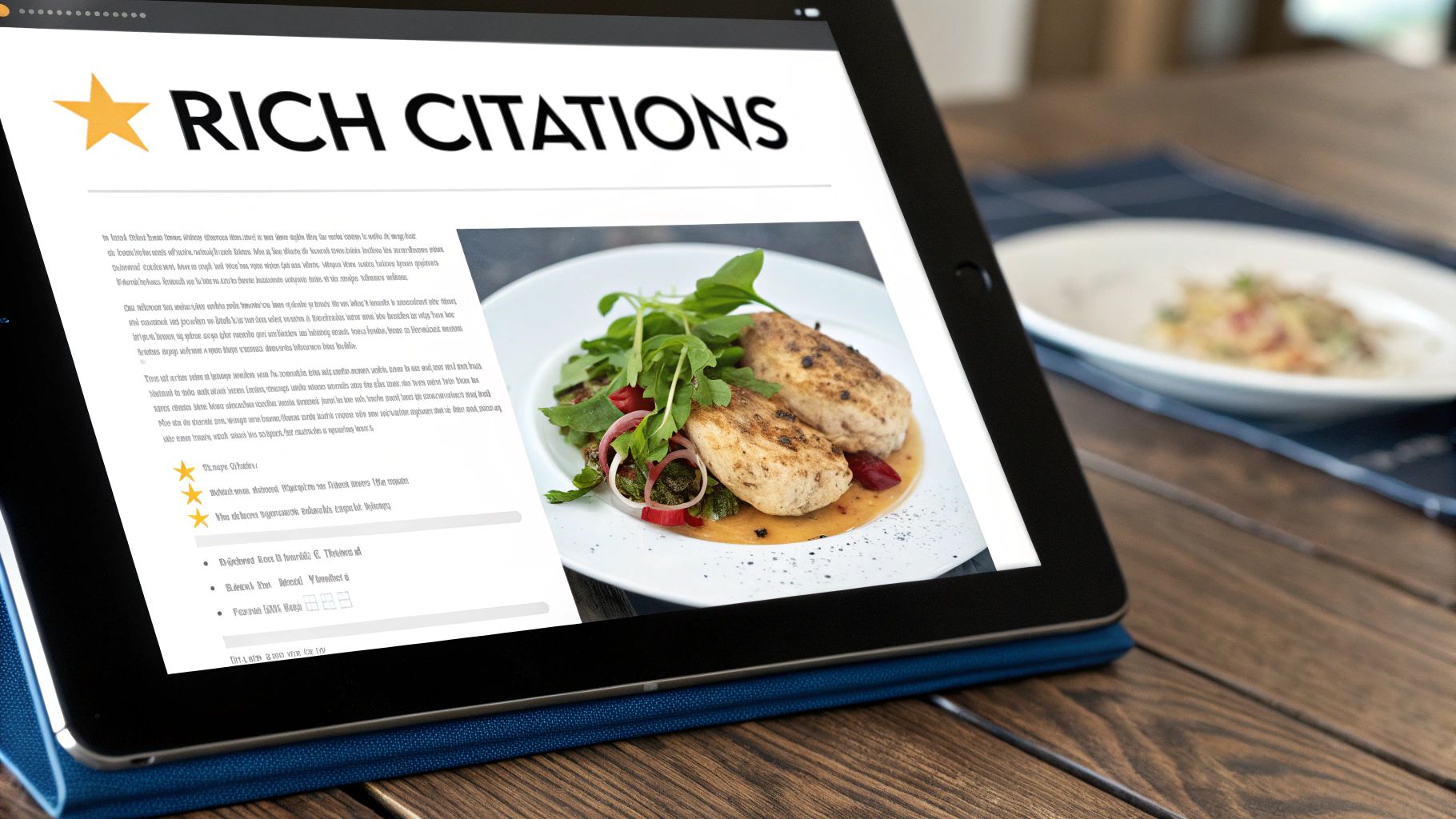 A tablet displaying a webpage about rich citations, showing a meal with star ratings on a wooden table.