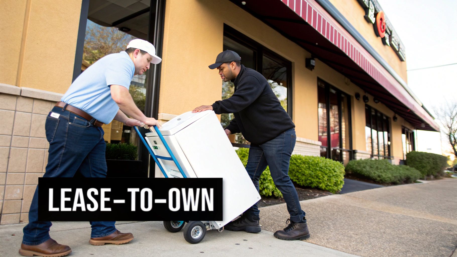 Two men move a white appliance on a hand truck outside a building with a 'LEASE-TO-OWN' sign.