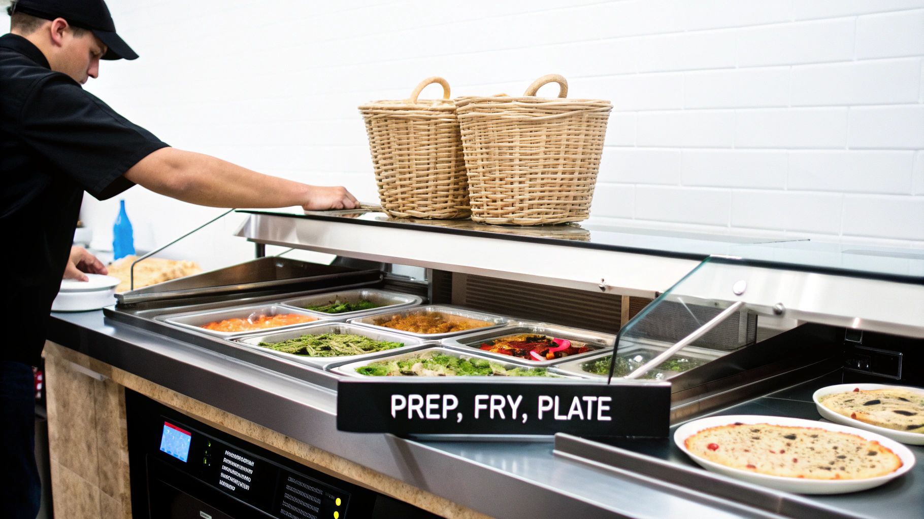 Restaurant worker operating commercial food prep station with fresh ingredients and warming trays