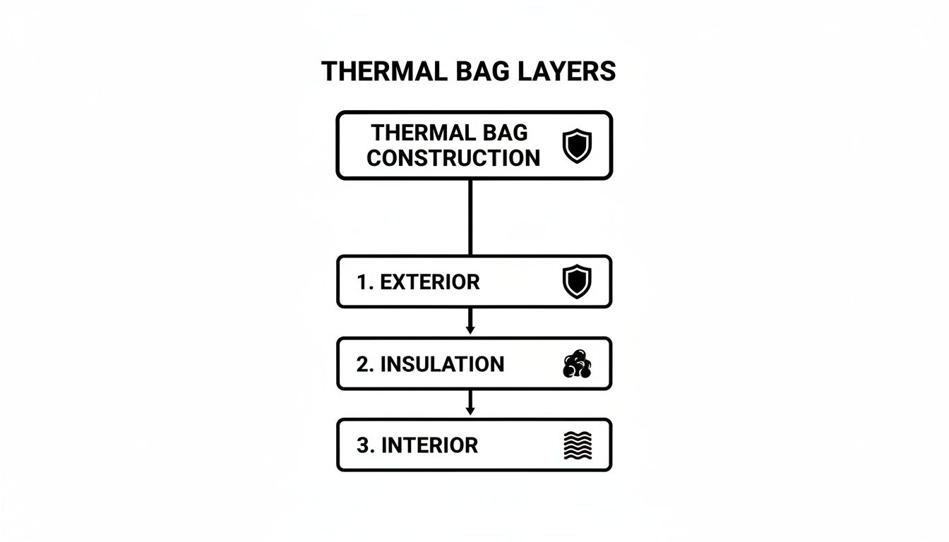 Diagram illustrating the three layers of a thermal bag construction: exterior, insulation, and interior.