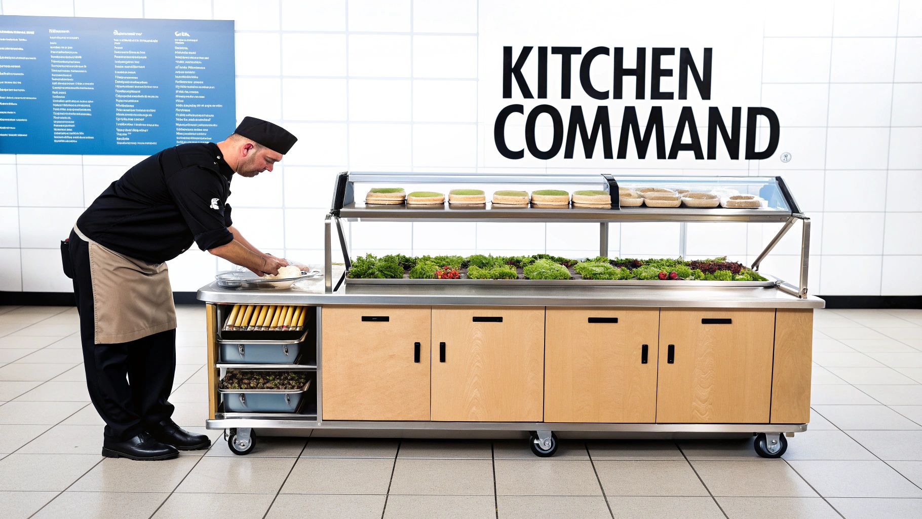 A chef prepares food at a refrigerated mobile sandwich prep table in a modern kitchen.